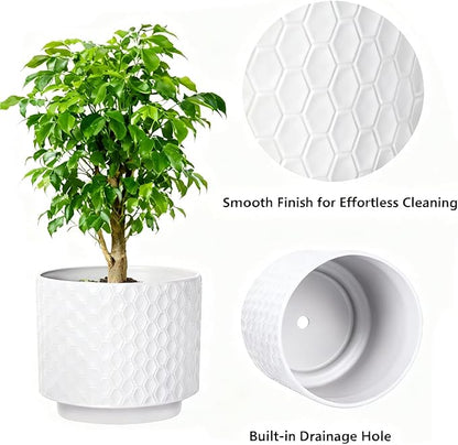 6 Inch Ceramic Pots for Indoor Plants with Drainage Hole & Floral Design, Planter for Home Decor on Windowsill, Tabletop, Office (White)