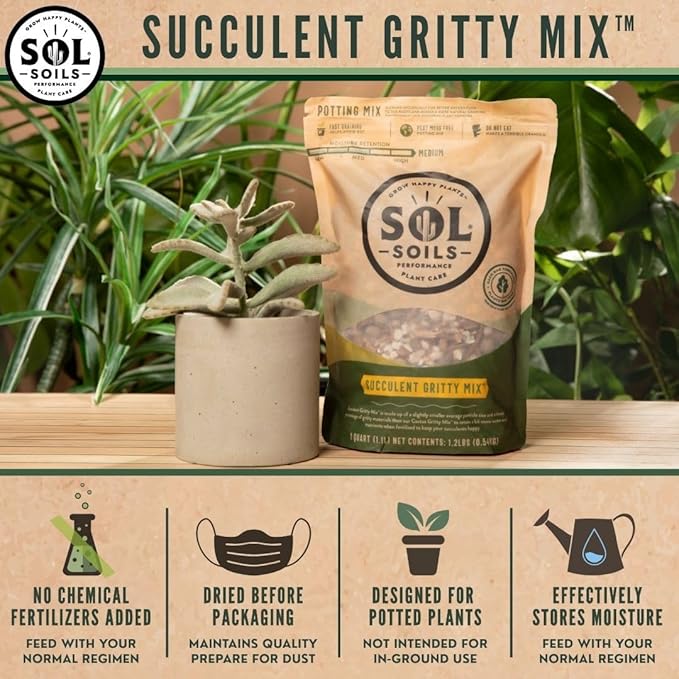 Sol Soils Succulent Gritty Mix 1 Gallon - Fast Draining Peat Moss Free Succulent Soil Potting Mix with Coconut Husk Chips, Perlite & Pumice
