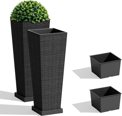 JUMMICO Set of 2 Resin Rattan Tall Planters for Outdoor Plants, Large Tapered Planters with Drainage Holes, Inner Trays and Outer Saucers, Flower Pots for Garden, Patio, Porch, Backyard (Black, 24")