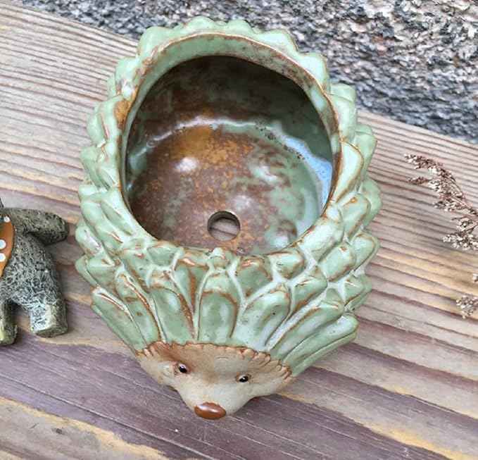 Decorative Ceramic Planter with Bamboo Base Indoor Plant Holder Animal Shaped Ceramic Succulent Pot with Drainage Mini Succulent Plants Cactus Planter (Small Hedgehog)