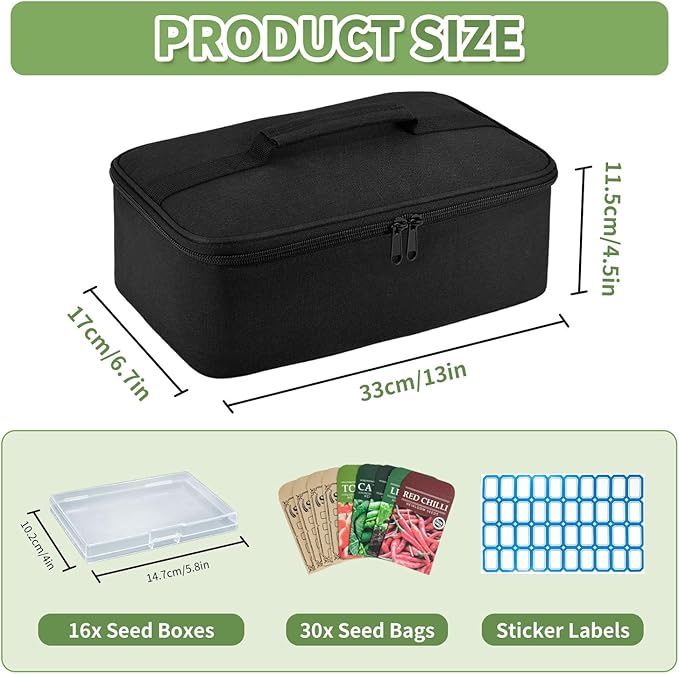 Boczif 16 Slot Seed Storage Organizer Box with Insulated Bag, Envelopes Bag and Label Stickers, Garden Seed Container for Packets, Plant, Flower, Vegetable