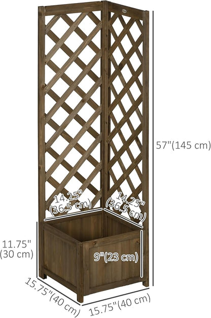 Outsunny Wooden Raised Garden Bed with Trellis, 57" Freestanding Corner Planter Box for Vine Plants Flowers Climbing and Planting Carbonized