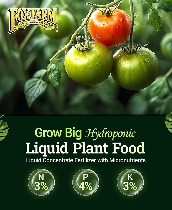 FoxFarm Grow Big Hydroponic Plant Food - 3-2-6 Liquid Plant Fertilizer for Lush Vegetative Growth in Hydroponic Systems - Liquid Concentrate with Earthworm Castings & Micronutrients - 1 Gallon