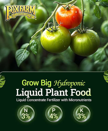 FoxFarm Grow Big Hydroponic Plant Food - 3-2-6 Liquid Plant Fertilizer for Lush Vegetative Growth in Hydroponic Systems - Liquid Concentrate with Earthworm Castings & Micronutrients - 1 Gallon