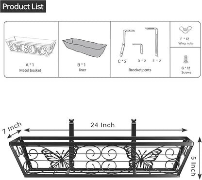 2 Pack 24 Inch Window Boxes Planters Railing Planter Box with Adjustable Brackets for Porch Fence Patio Balcony Hanging Flower Baskets with Woven Fabric for Outdoor Garden Decor - Black