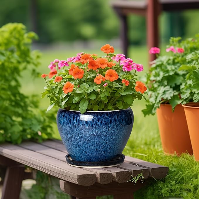 10 Inch Plant Pot - Ceramic Planter with Drainage Hole and Plant Saucer, Round Planter Indoor Outdoor, Modern Planters, Large Flower Pot, Home Room Office Decor, Housewarming Gifts, Blue