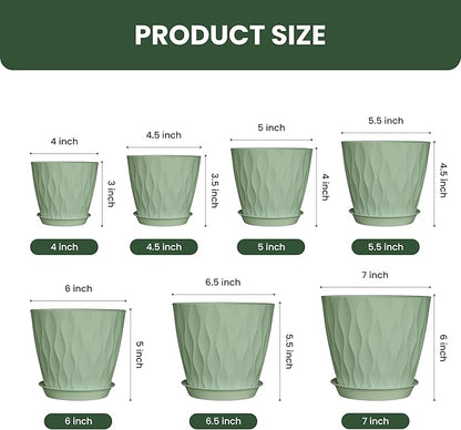 Plastic Plant Pots, 7/6.5/6/5.5/5/4.5/4 inch Flower Pots with Drainage Holes and Trays, 7 Pack Planter for Indoor Outdoor Plants (Green)