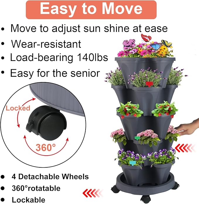 DUNCHATY Stackable Planter, Vertical Strawberry Planter with Garen Tool Set, Self Watering Garden Planter Indoor/Outdoor 5 Tier Herb Planter Pots for Growing Vegetables and Succulents, Dark Gray