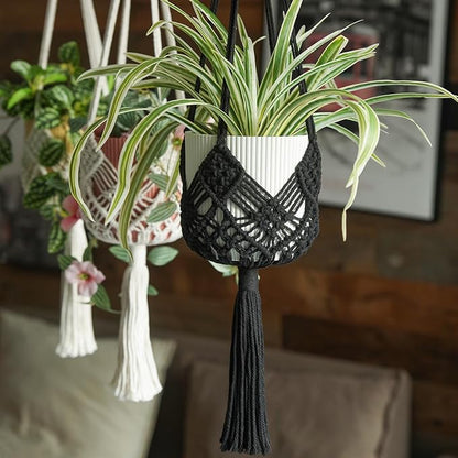 4 Pack Macrame Plant Hangers Indoor Up to 10 inch Pot, Boho Hanging Planters, Plant Holder with 8Pcs Stainless Steel Hooks(4Pcs Black Hanger)