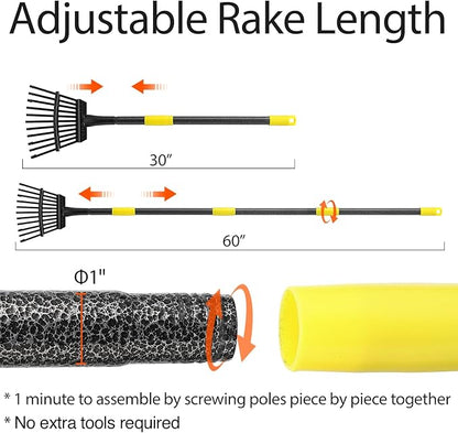 Rake for Leaves, 11 Tines 9" Wide Metal Leaf Rake with 32 Gallon Lawn and Leaf Bags & Scoops for Garden Adult Kids Lawn Shrub Yard Landscape Heavy Duty Long Handle 30-60