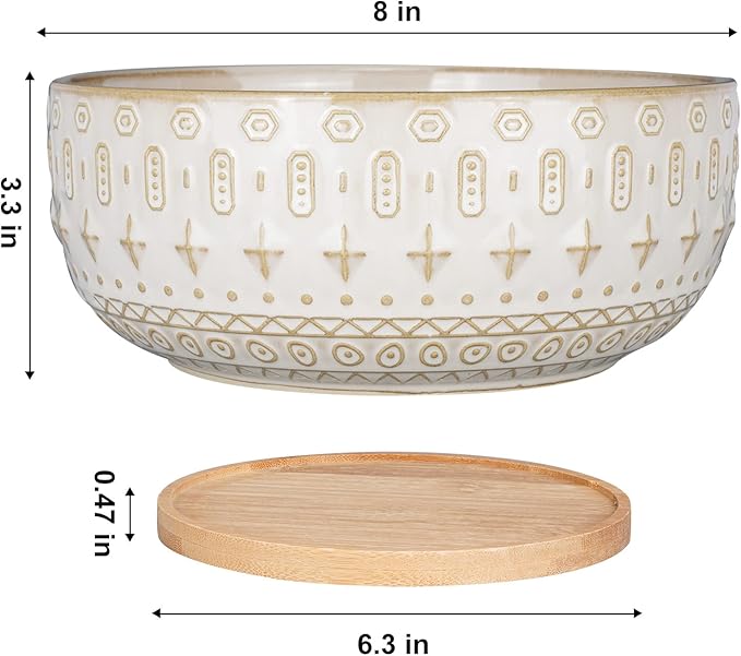 8 Inch Ceramic Succulent Planter Pots with Drainage Hole Flower Pot for Indoor Plants Round Shallow Bonsai Pot with Bamboo Tray White