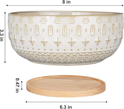 8 Inch Ceramic Succulent Planter Pots with Drainage Hole Flower Pot for Indoor Plants Round Shallow Bonsai Pot with Bamboo Tray White