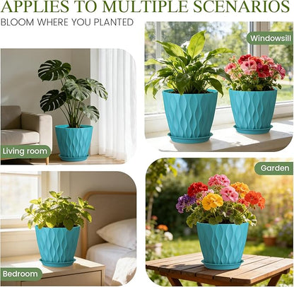 Plastic Plant 8 Inch, 4 Pack with Drainage Holes & Saucers, Water Wave Decorative Plant Pots for Indoor Outdoor Plants, Patio, Garden, Home Decor (4, Blue)