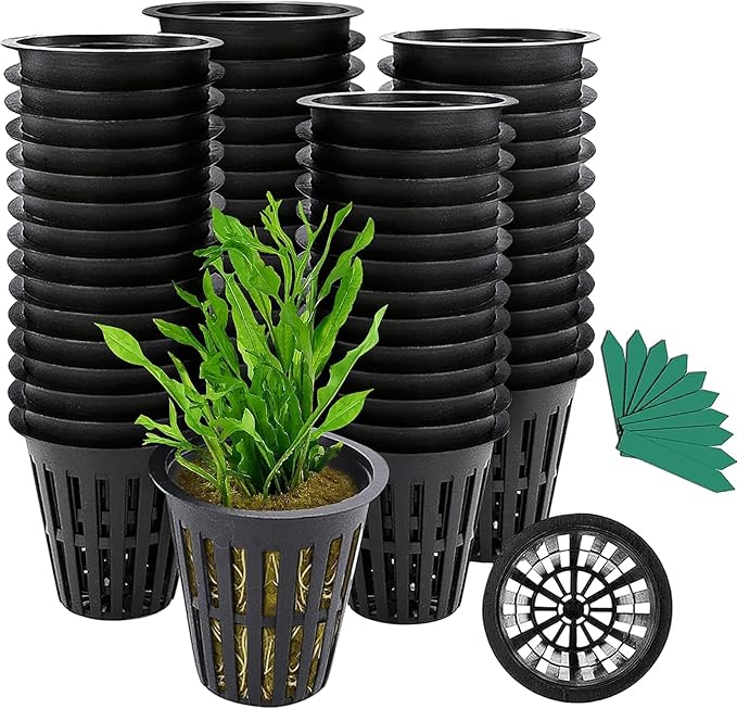 GROWNEER Net Pot for Hydroponics 100 Pcs 2 Inch Garden Slotted Mesh Net Cups, Heavy Duty Hydroponic Pots Supplies with 50Pcs Plant Labels, Planting Grow Basket for Indoor Outdoor Aquaponics Growing