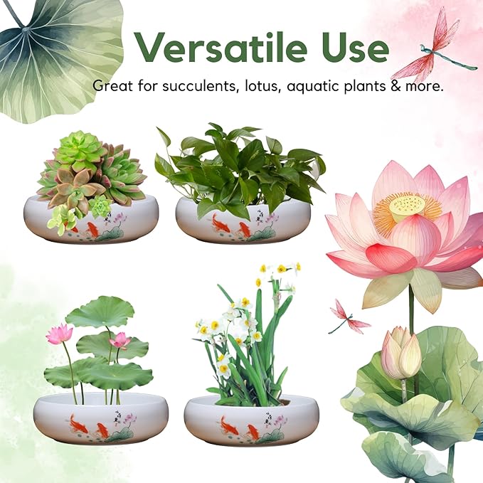 Lotus Bowl Planter, Ceramic Water Lily Bowl, Hydroponic Bonsai Lotus Bowls for Water Plants Indoor, Succulent Pots, Leak-Proof Design, Ode to Lotus and Fish Delight (7.68in*3.15in)