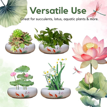 Lotus Bowl Planter, Ceramic Water Lily Bowl, Hydroponic Bonsai Lotus Bowls for Water Plants Indoor, Succulent Pots, Leak-Proof Design, Ode to Lotus and Fish Delight (7.68in*3.15in)
