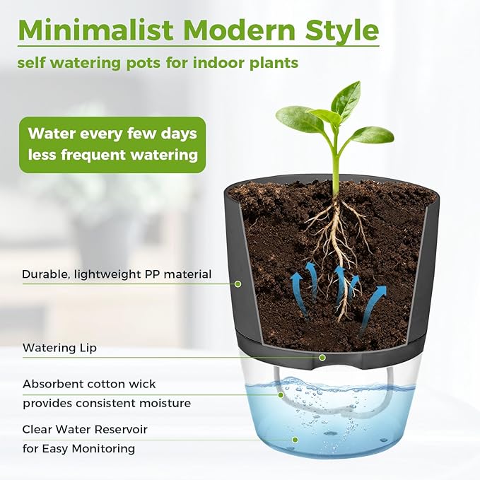 Planterhoma 8 Pack Self Watering Pots for Indoor Plants, 4 Inch Plant Pot Plastic Self Watering Planter for Orchid, African Violet, Small Clear Flower Pots with Drainage Holes and Wicking Rope, Grey