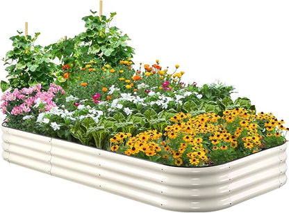 Quictent Galvanized Raised Garden Bed Kit, 8x4x1 ft Oval Metal Planter Box for Vegetables, Strengthened by Crossbar, Beige