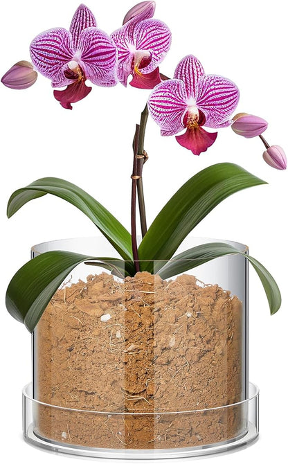 Clear Plant Nursery Pots Acrylic Orchid Pots with Drainage Holes and Tray Transparent Planter for Indoor Plants, Succulents, Herb, Flowers and Cactus Decorative(8 Inches,Circle)