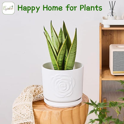 Ekirlin 7 Inch Indoor Plant Pots, White Ceramic Flower Planters, Modern Style Succulents Containers with Drain Hole & Saucer Tray, Weatherproof Pot for Decorate Home,Office & Outdoor (Rose Design)