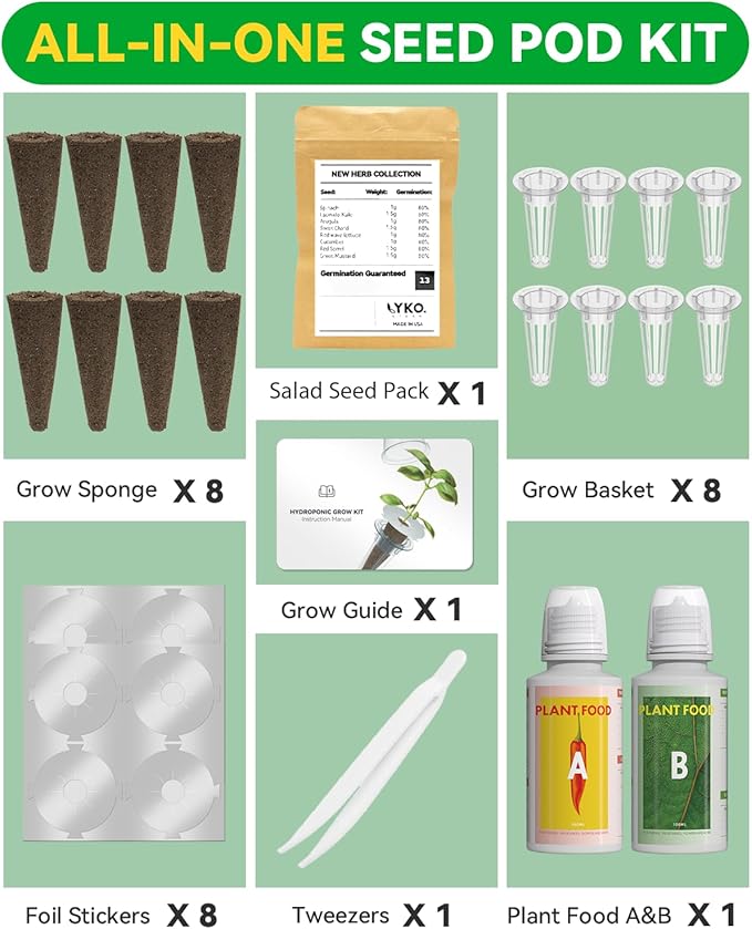 LYKOCLEAN 8-pod Salad Seeds Pod Kit for AeroGarden, iDOO, Ahopegarden Hydroponics Growing System, 350+ Seeds (Include Spinach, Lacinato Kale, Arugula, Swiss Chard, Red Leaf Lettuce, Cucumber)