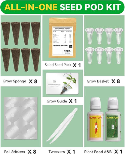 LYKOCLEAN 8-pod Salad Seeds Pod Kit for AeroGarden, iDOO, Ahopegarden Hydroponics Growing System, 350+ Seeds (Include Spinach, Lacinato Kale, Arugula, Swiss Chard, Red Leaf Lettuce, Cucumber)