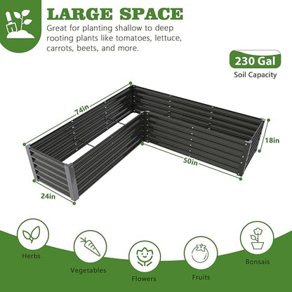 A ANLEOLIFE 4 Set L-Shaped Galvanized Raised Garden Beds Outdoor,74x74x18in Large Metal Planter Box for Planting Vegetables Flowers Herb, Anti-Rust & Easy-Setup, Quartz Grey