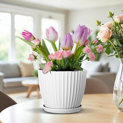 White 6-Inch Plant Pots with Drainage & Saucers 18 Pack, Indoor & Outdoor Planters for Houseplants, Herbs, and Flowers, Durable & Weatherproof Material, Stackable, Lightweight, Minimalist Design