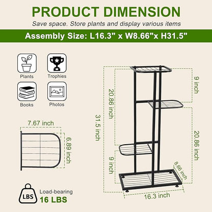 Plant Stand Indoor Outdoor, Corner Metal Plant Stands, Heavy Duty Tall Planter Shelf for Multiple Plants, Flower Pot Holder for Patio Garden Balcony Living Room (Black, 4 Tier-5 Potted)