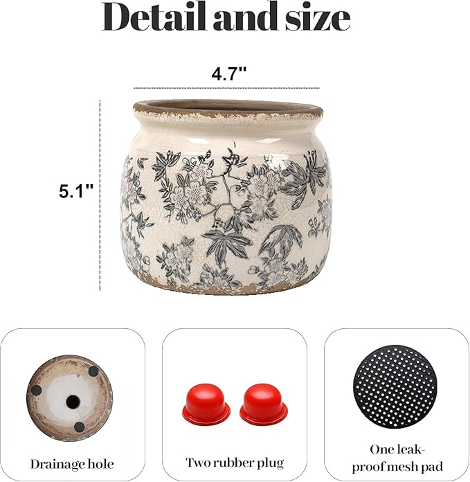 Vintage Floral Ceramic Planter, 2 Pack Flower Pot Rustic Flower Pot Container with Drainge Hole, Ice Crack Plant Pot Decorative Planter for Indoor and Outdoor Tuscan Decor Vase Gardening Gift