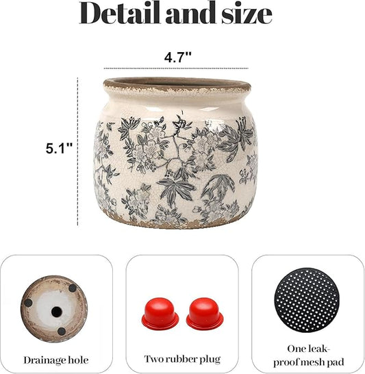 Vintage Floral Ceramic Planter, 2 Pack Flower Pot Rustic Flower Pot Container with Drainge Hole, Ice Crack Plant Pot Decorative Planter for Indoor and Outdoor Tuscan Decor Vase Gardening Gift