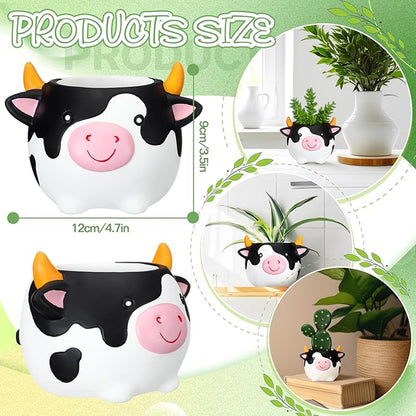 Sieral 2 Pcs Lovely Cow Succulent Pots with Drainage Cute Animal Plaster Planter Pots Plants Holder Cow Shaped Cactus Flower Container for Home Display and Office Desk Decoration