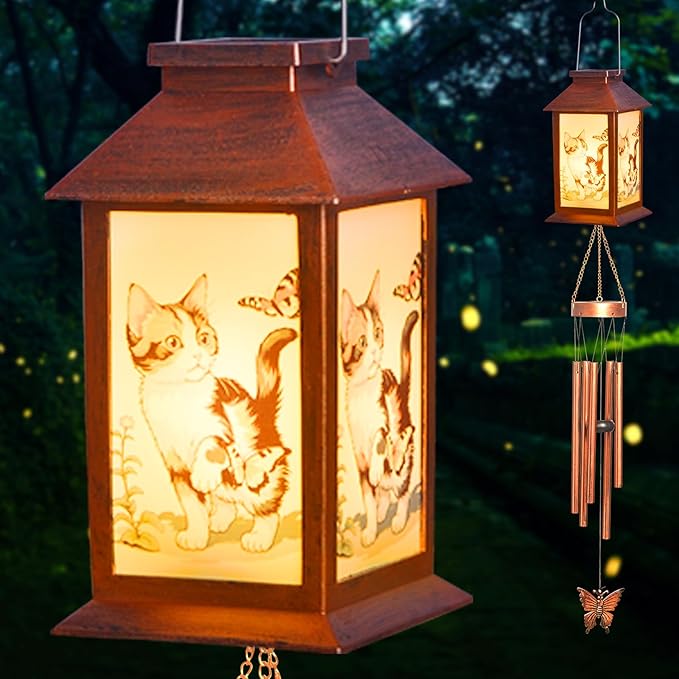 Cat Lantern House Solar Wind Chime-Solar Light Wind Chime for Outdoor Patio, Porch, and Garden Decorfor Nature Lovers,Shaped Wind Chimewith Lantern Design