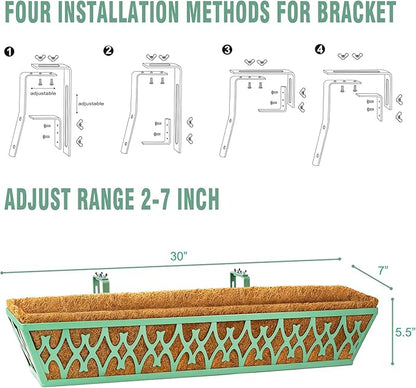 6 Pack 30 Inch Window Boxes Planters Railing Planter Box with Adjustable Brackets for Porch Fence Patio Balcony Hanging Flower Baskets with Coco Liners for Outdoor Garden Decor - Green