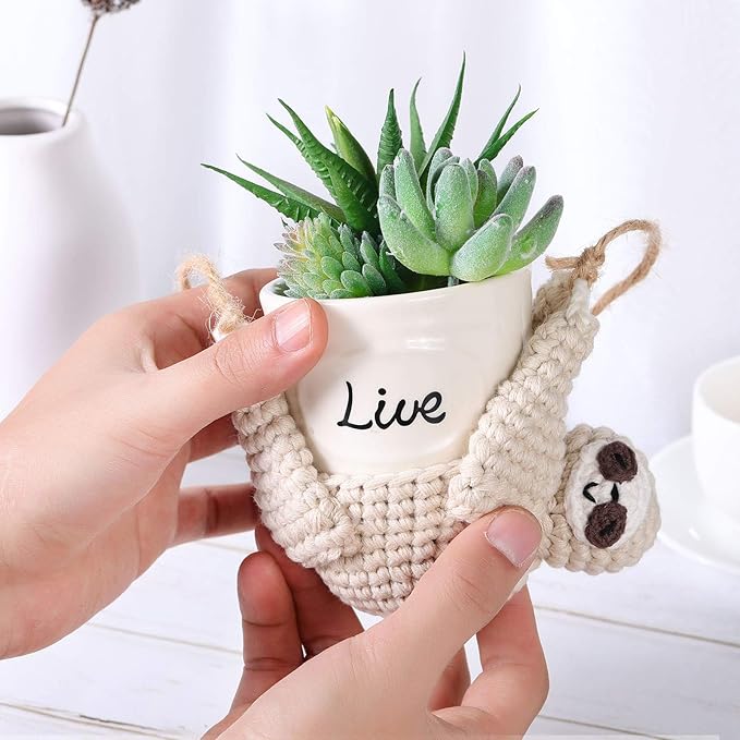 Patelai 2 Pieces Crochet Sloth Hanging Planter Handmade Sloth Plants Holder Plant Hanger for Indoor Outdoor Hanging Planter Supplies, Flower Pot and Plant Not Included
