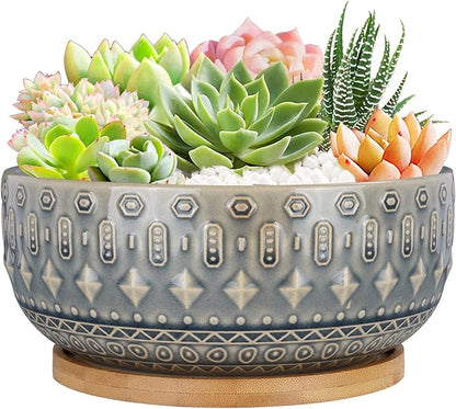 8 Inch Ceramic Succulent Planter Pots with Drainage Hole Flower Pot for Indoor Plants Round Shallow Bonsai Pot with Bamboo Tray Blue