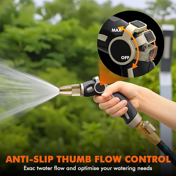 RESTMO High Pressure Hose Nozzle Sprayer, Heavy Duty Brass Head, Metal Water Hose Nozzle for Car Washing, Garden Cleaning, Lawn and Plant Watering, Adjustable Thumb Flow Control, 4 Spray Patterns