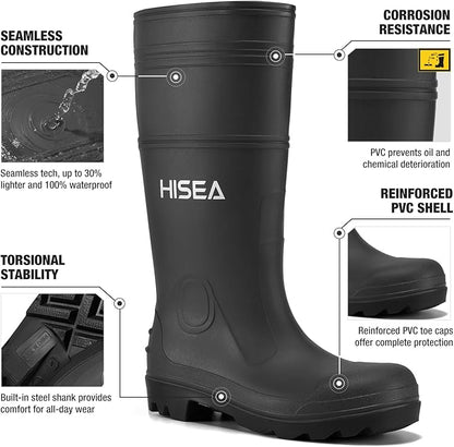 HISEA Men's Rain Boots PVC Rubber Boots with Steel Shank Waterproof Garden Fishing Outdoor Work Boots Durable Slip Resistant Mud Rainboots for Agriculture and Industrial Working