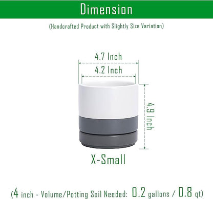 D'vine Dev Set of 4 Small Ceramic Plant Pots, 4.7 Inch Succulent Planter Pot for Plants with Drainage Hole and Saucer, White/Speckled Grey, 94-X-B-6