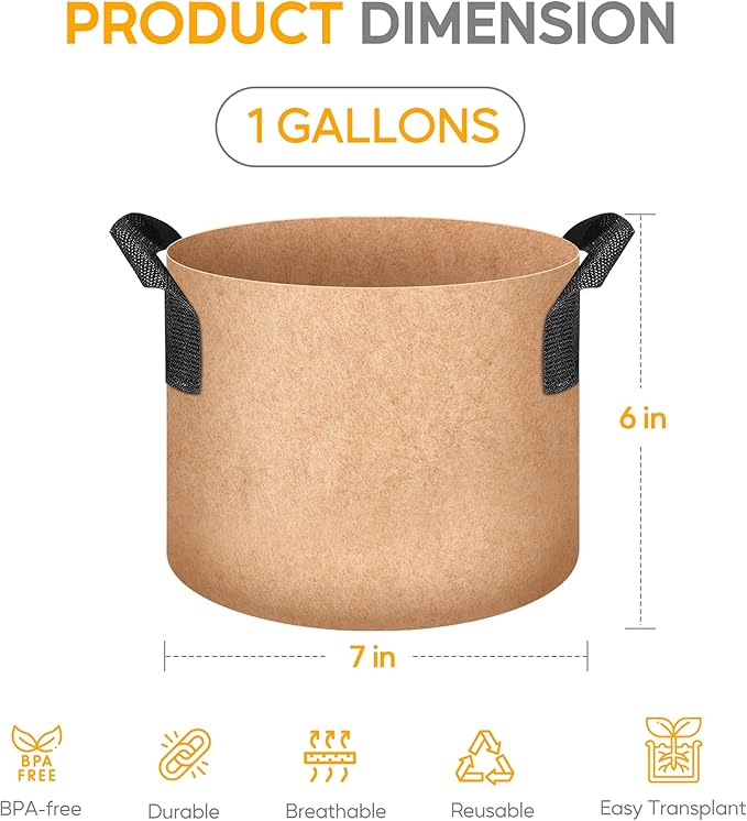 HealSmart Grow Bags 10 Pack 1 Gallon Breathable Reusable Planting Bags with Handles Non-Woven Fabric Plant Bags, Heavy Duty Gardening Pots for Indoor Hydroponic & Outdoor Vegetables Tomatoes