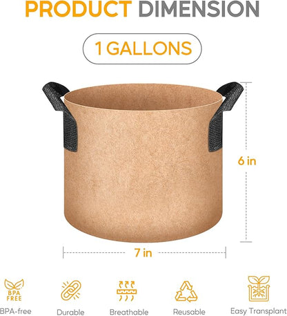 HealSmart Grow Bags 10 Pack 1 Gallon Breathable Reusable Planting Bags with Handles Non-Woven Fabric Plant Bags, Heavy Duty Gardening Pots for Indoor Hydroponic & Outdoor Vegetables Tomatoes
