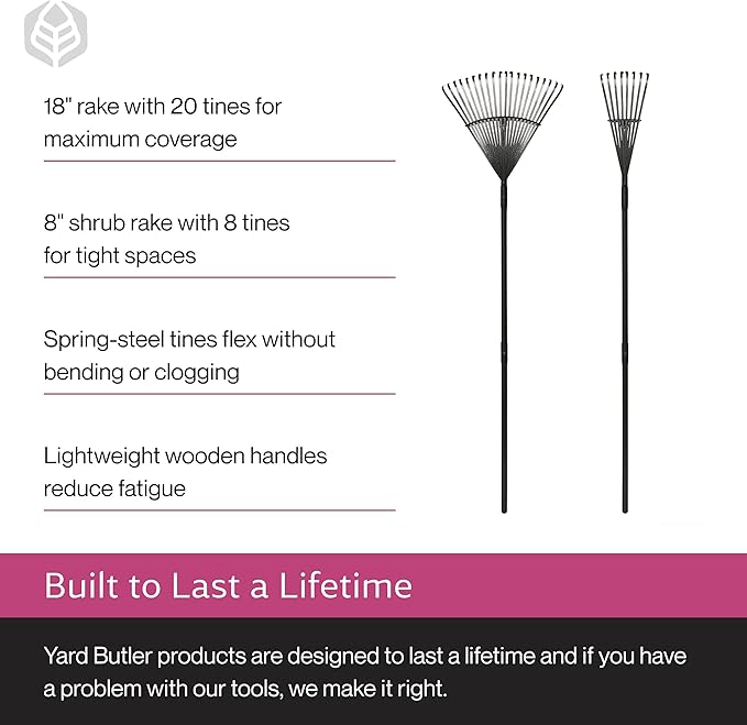 Yard Butler World’s Greatest Rake Set, ILT-208 Garden Rake for Lawncare - Convenient Garden Cleaning Accessory - Lightweight Wooden Handle - Steel Tines - Easy to Maneuver