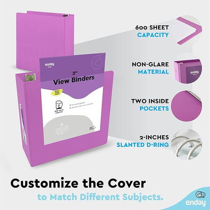 Enday 3 Inch Binder 3 Ring Binders Purple, Slant D-Ring 3” Clear View Cover with 2 Inside Pockets, Heavy Duty Colored School Supplies Office and Home Binders