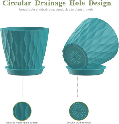 6 Inch Plant Pots, 6 Pack Indoor Flower Pots, Planters with Drainage Holes and Trays for Orchids, Violets, Succulents, Herbs, and Other Plants,Blue-Green
