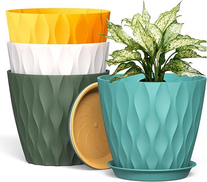 8 Inch Plant Pots, 4 Pack Plastic Planters for Indoor Outdoor with Drainage Holes & Saucers, Waffle Texture Flower Pots for Indoor Plants, Indoor Plant Pots for Monstera, Fiddle Leaf Fig Colorful
