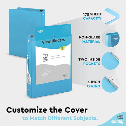 1 Inch 3 Ring Binder 1” Binder Blue Clear View Cover with 2 Inside Pockets, Colored School Supplies Office and Home Binders – by Enday