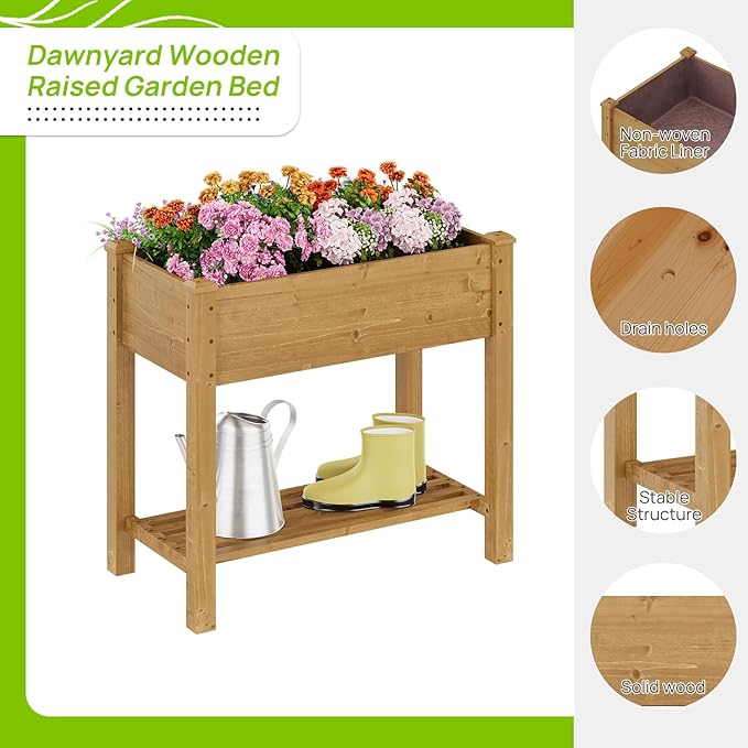 Raised Garden Bed with Legs, Wooden Raised Garden Bed with Storage Shelf, 34x18x30.7in, Elevated Wood Planter Box for Vegetables Flowers Herbs, Garden Planter for Backyard Patio Balcony (Brown, S)