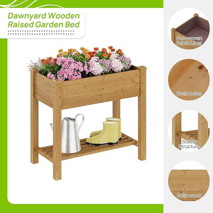 Raised Garden Bed with Legs, Wooden Raised Garden Bed with Storage Shelf, 34x18x30.7in, Elevated Wood Planter Box for Vegetables Flowers Herbs, Garden Planter for Backyard Patio Balcony (Brown, S)