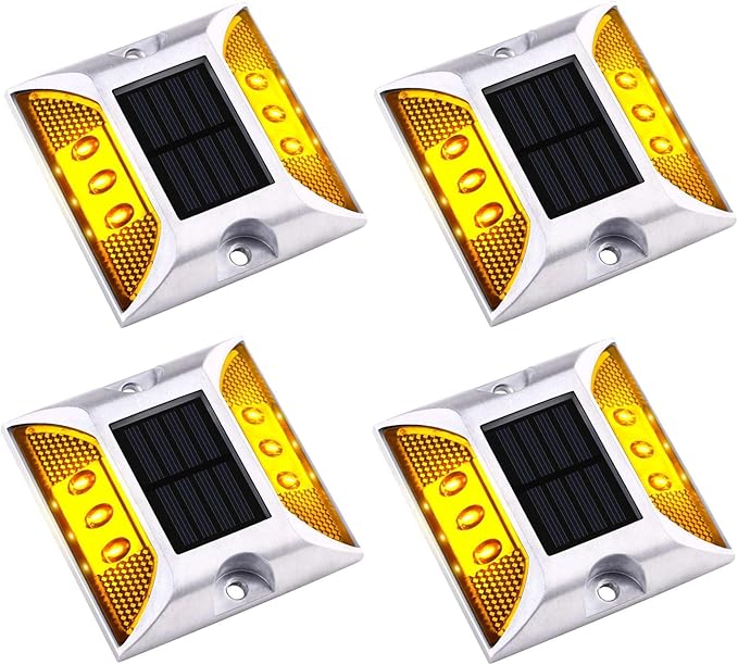 Aolyty Solar Driveway Dock Lights, IP68 Waterproof Solar Deck Light Outdoor Warning Step Lights Reflective Road Marker for Sidewalk Stair Garden Pathway Walkway (4 Pack, Yellow)