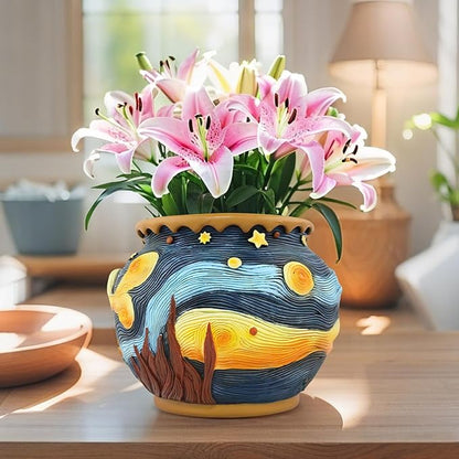 Starry Night Planter Pots/Vase Van Gogh Inspired Acolorful Art Resin Flower Pot with Drainage Hole for Indoor Plant Home Balcony Decor